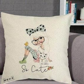 Perna Decorativa So Cute Fata Fashion, 40x40 cm, Ecru, Husa Detasabila, Perna Inclusa, BEKZ®