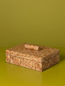 Cutie decorativă din ratan împletit natur, model în spic, capac cu mâner, finisaj natural, 8 x 20 x 15 cm, „Camille”
