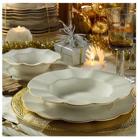 Set de veselă 24 piese, porțelan alb cu detalii aurii