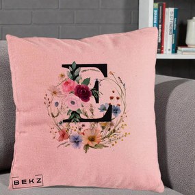 Cadou Personalizat - Perna Personalizata Monogram Litera E cu Flori Acuarela, 40x40 cm, Roz, Husa Detasabila, Perna Inclusa, BEKZ®