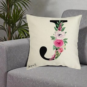Cadou Personalizat - Perna Personalizata Monograma Florala Litera J, 40x40 cm, Ecru, Husa Detasabila, Perna Inclusa, BEKZ®
