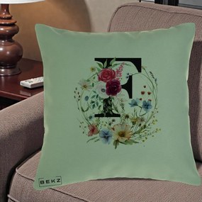 Cadou Personalizat - Perna Personalizata Monogram Litera F cu Flori Acuarela, 40x40 cm, Verde, Husa Detasabila, Perna Inclusa, BEKZ®