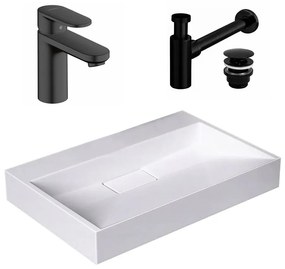 Pachet lavoar pe blat Rea Goya alb 60 cm, baterie lavoar Hansgrohe Vernis Blend 100 negru si ventil lavoar Click-Clack negru