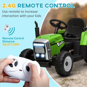 HOMCOM Tractor Electric cu Remorca Detasabila, Baterii de 12V, cu Telecomanda, Muzica si Claxon pentru copii de 3-6 ani, Verde | Aosom RO