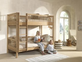Set Complet: Pat Supraetajat Forrest Oak pentru Camera Copii, 90x200 cm, cu Sertar Pat și Barieră de Siguranță, din Lemn Masiv de Stejar, Natur –