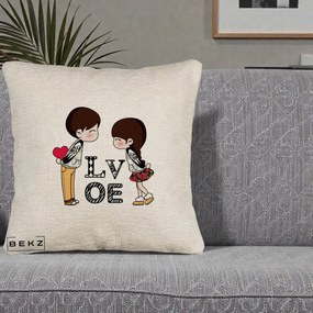 Cadou Romantic - Perna Personalizata Cuplu Kawaii LOVE, 40x40 cm, Bej Canapea, Husa Detasabila, Perna Inclusa, BEKZ®