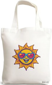 Sacosa de Panza pentru Cumparaturi, Geanta Tote, model Sun faces 21 38 x 34.5 cm, Alba, BEKZ®