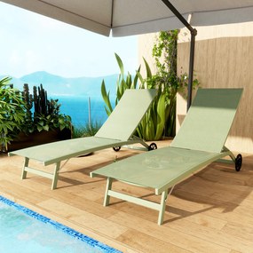 Outsunny Set de 2 șezlonguri din aluminiu și textilenă cu roți spătar rabatabil sarcină max. 150 Kg verde închis | Aosom Romania