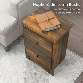 HOMCOM Noptieră cu 2 Sertare în Stil Rustic, Noptieră pentru dormitor din Lemn, 40x30x56 cm, Maro | Aosom Romania