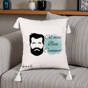 Cadou pentru Cumnat - Perna Personalizata Cel mai Bun Cumnat cu Portret Barbat si Pete Teal, 40x40 cm, Bej cu Franjuri, Husa Detasabila, Perna Inclusa, BEKZ®