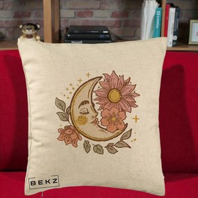 Perna Personalizata Luna Boho Chip Floral, 40x40 cm, Bej, Husa Detasabila, Perna Inclusa, BEKZ®