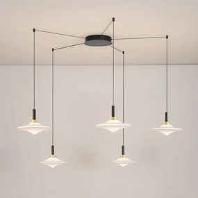 Lustra cu 5 pendule LED alama aurie si sticla alba, DIAZ