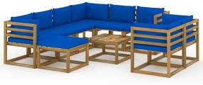 Set mobilier de gradina cu perne albastre, 10 piese Albastru, 5x colt + 3x mijloc + suport pentru picioare + masa, 1
