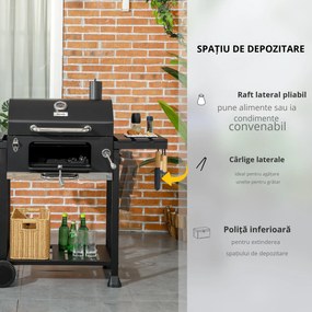 Outsunny Grătar cu Tavă de Cărbune Reglabilă, Grilaj de Grătar din Oțel Galvanizat cu Rafturi de Depozitare, 120x64x114 cm, Negru | Aosom Romania