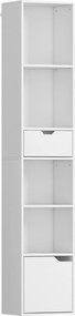 HOMCOM Bibliotecă înaltă cu 6 Nivele, Raft îngust cu Sertar și Ușă - Alb | Aosom Romania