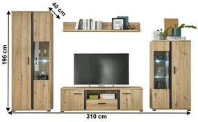 Perete living, stejar artizan / negru, KANODE