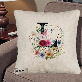 Cadou Personalizat - Perna Personalizata Monogram Litera L cu Flori Acuarela, 40x40 cm, Bej Canapea, Husa Detasabila, Perna Inclusa, BEKZ®