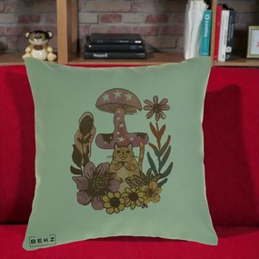 Perna Decorativa Ciuperca Pisica Boho, 40x40 cm, Verde, Husa Detasabila, Perna Inclusa, BEKZ®
