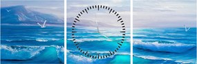 Tablou - Pictură în ulei de mare cu pescăruși (cu ceas) (90x30 cm)