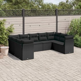3218125 vidaXL Set mobilier de grădină cu perne, 9 piese, negru, poliratan