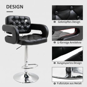 HOMCOM Scaun de Bar cu Spătar și Brațe, Scaun Modern de Bucătărie Rotativ cu Înălțime Reglabilă, 61x50x94-114 cm, Negru | Aosom Romania