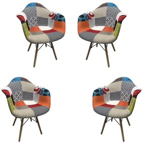Set 4 scaune dining tip fotoliu Lotus, textil patchwork multicolor, picioare lemn+metal