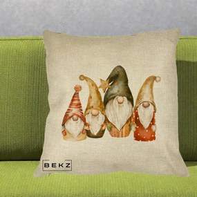 Perna Decorativa Gnomi de Craciun Patru, 40x40 cm, Crem, Husa Detasabila, Perna Inclusa, BEKZ®