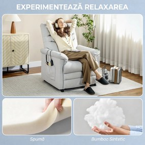 HOMCOM Fotoliu Relaxant Electric cu Masaj și Încălzire și Suport pentru Picioare, Silențios, Fotoliu Reclinabil 150° în Catifea Prietenoasă cu Animalele cu Funcție de Memorare, 2 Telecomenzi pentru Sufragerie, Gri Deschis | Aosom Romania