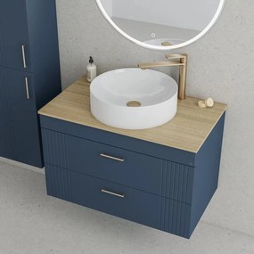Set dulap baza suspendat bleumarin cu 2 sertare Drop Lines Athena si blat Honey Oak 80 cm