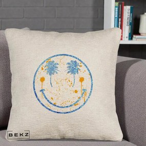 Perna Decorativa Smiley Face Tropical Albastru Glitter si Portocaliu, 40x40 cm, Bej Canapea, Husa Detasabila, Perna Inclusa, BEKZ®