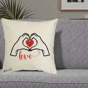 Perna Decorativa Love Maini Inima cu Inscriptie Love Rosu, 40x40 cm, Ecru, Husa Detasabila, Perna Inclusa, BEKZ®