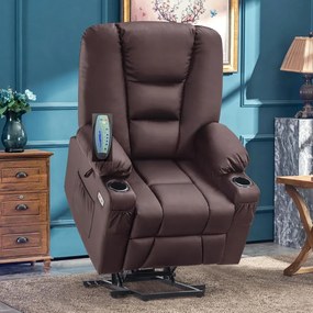 Fotoliu Electric Power Lift&Recliner, ridicare și rabatare, masaj și incalzire, porturi USB, suporturi pentru pahare, buzunare laterale, telecomenzi, PU, Maro