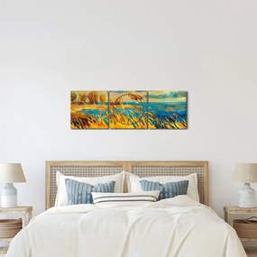 Tablou - Apus de soare peste lac, pictură acrilică (cu ceas) (90x30 cm)