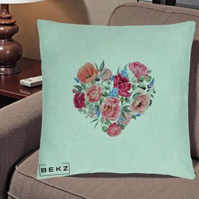 Perna Decorativa Inima din Bujori Acuarela, 40x40 cm, Verde Menta, Husa Detasabila, Perna Inclusa, BEKZ®