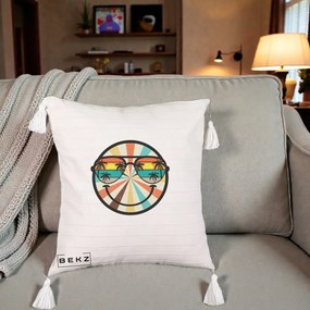 Perna Decorativa Smiley Face Retro Sunset Palmieri, 40x40 cm, Bej cu Franjuri, Husa Detasabila, Perna Inclusa, BEKZ®