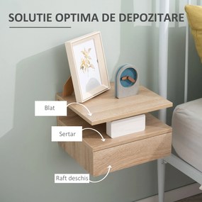 HOMCOM Set de 2 Noptiere Moderne Suspendate pentru Dormitor cu Sertar si Polita Superioara din Lemn 35x32x22.5cm, Stejar | Aosom Romania