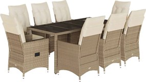 vidaXL Set de masă pentru grădină, 9 piese, cu perne, bej, poliratan