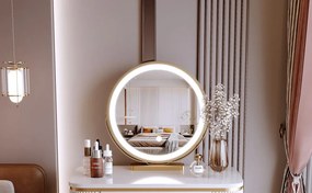 Set Lisa, Masă de toaletă pentru machiaj cu oglindă iluminată LED, control touch, sertar, taburet tapitat, Gri, 100x40x75 cm