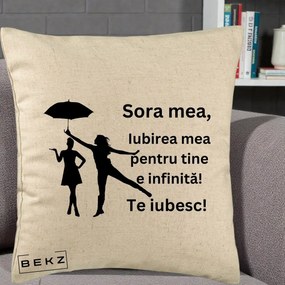 Cadou pentru Sora - Perna Personalizata Sora Mea Te Iubesc Siluete Negre cu Umbrela, 40x40 cm, Bej, Husa Detasabila, Perna Inclusa, BEKZ®