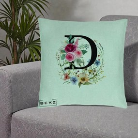 Cadou Personalizat - Perna Personalizata Monogram Litera D cu Flori Acuarela, 40x40 cm, Verde Menta, Husa Detasabila, Perna Inclusa, BEKZ®