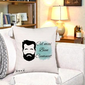 Cadou pentru Cumnat - Perna Personalizata Cel mai Bun Cumnat cu Portret Barbat si Pete Teal, 40x40 cm, Bej cu Franjuri, Husa Detasabila, Perna Inclusa, BEKZ®