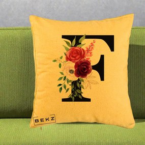 Cadou Personalizat - Perna Personalizata Monograma Florala Litera F, 40x40 cm, Galben, Husa Detasabila, Perna Inclusa, BEKZ®
