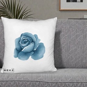 Perna Decorativa Trandafir Albastru Acuarela, 40x40 cm, Alb Pufos, Husa Detasabila, Perna Inclusa, BEKZ®