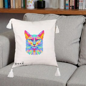 Perna Decorativa Pisica Pop Art Multicolor, 40x40 cm, Bej cu Franjuri, Husa Detasabila, Perna Inclusa, BEKZ®