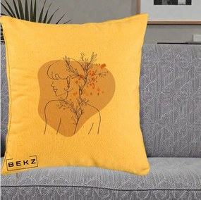 Perna Decorativa Femeie cu Flori Line Art Boho, 40x40 cm, Galben, Husa Detasabila, Perna Inclusa, BEKZ®