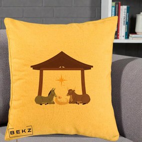 Perna Decorativa Ieslea din Betleem cu Iesle Asin si Bou, 40x40 cm, Galben, Husa Detasabila, Perna Inclusa, BEKZ®