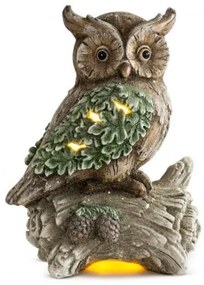 Decoratiune iarna, ceramica, bufnita pe trunchi de copac, LED, 3xAAA, 31x21x42 cm