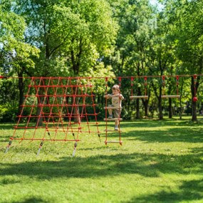 AIYAPLAY Ninja Line Set Slackline pentru copii 10 m cu inele, leagăn, scară de cățărat și plasă de cățărat pentru 3-6 ani 1000x300x180 cm Roșu | Aosom Romania