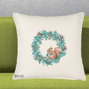 Perna Decorativa Coroana Turcoaz cu Veverita, 40x40 cm, Crem Reliefat, Husa Detasabila, Perna Inclusa, BEKZ®