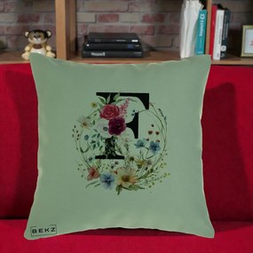 Cadou Personalizat - Perna Personalizata Monogram Litera F cu Flori Acuarela, 40x40 cm, Verde, Husa Detasabila, Perna Inclusa, BEKZ®
